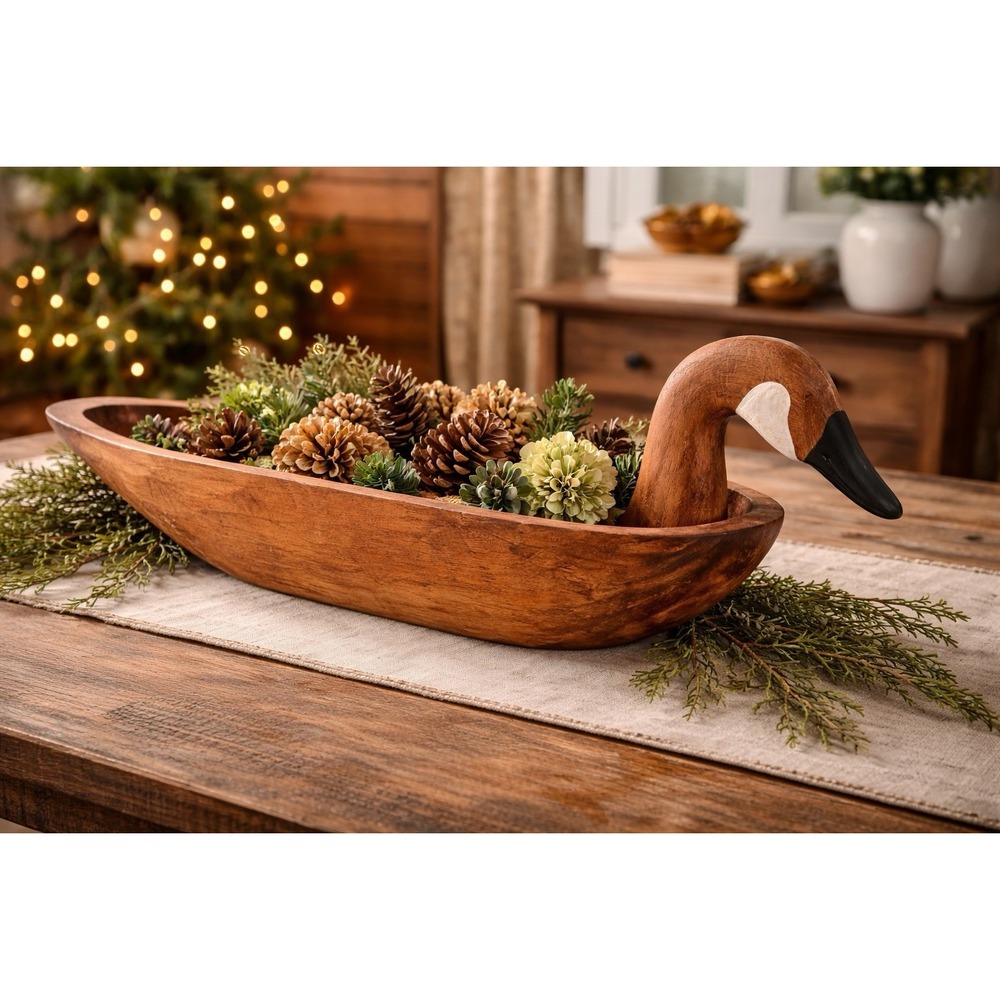 21" Large Vintage Carved Wood Duck Folk  Primitive Decor Bowl Farmhouse Cottage